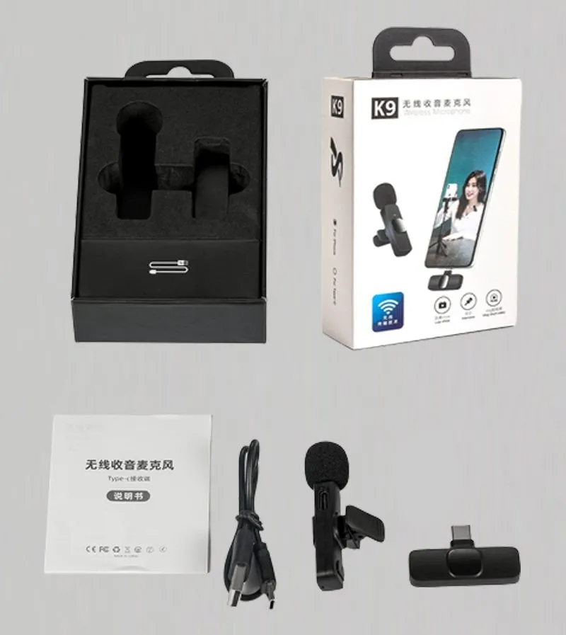 Micrófono Inalámbrico Corbatero Celular Ficha Usb C K9 Color Negro